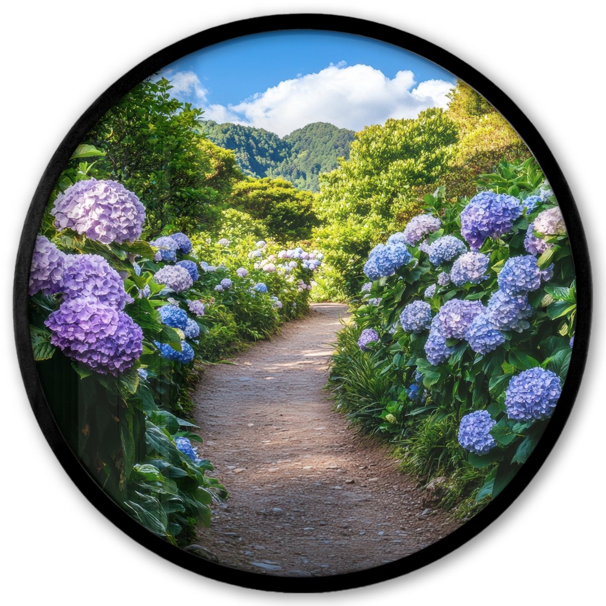 FrameYourWall Poster in lijst Rond - Fotolijst 40x40 cm - Posters - Hortsensia - Pad - Bloemen - Ronde posterlijst zwart - Decoratie - Wanddecoratie woonkamer - Muurdecoratie slaapkamer Hortensia - Pad