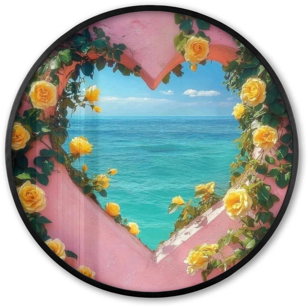 FrameYourWall Poster in lijst Rond - Fotolijst 60x60 cm - Posters - Hart - Zee - Muur - Ronde posterlijst zwart - Decoratie - Wanddecoratie woonkamer - Muurdecoratie slaapkamer Hart - Doorkijk