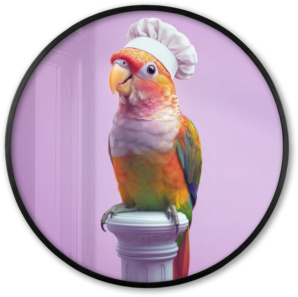FrameYourWall Poster in lijst Rond - Fotolijst 60x60 cm - Posters - Papegaai - Koksmuts - Pilaar - Vogel - Ronde posterlijst zwart - Decoratie - Wanddecoratie woonkamer - Muurdecoratie slaapkamer Koksmuts - Parkiet