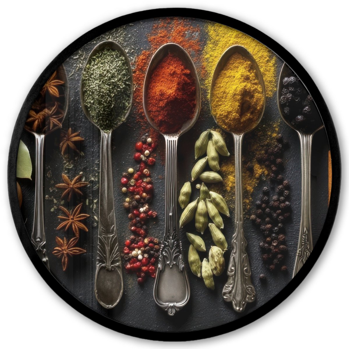 FrameYourWall Poster in lijst Rond - Fotolijst 40x40 cm - Posters - Lepels - Specerijen - Kaneel - Chili - Ronde posterlijst zwart - Decoratie - Wanddecoratie woonkamer - Muurdecoratie slaapkamer Lepels - Kaneel - Specerijen