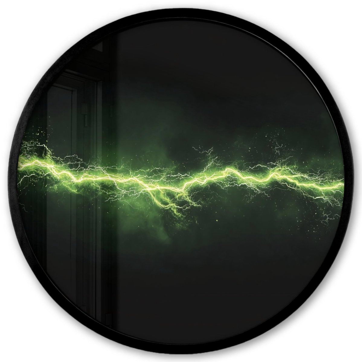 FrameYourWall Poster in lijst Rond - Fotolijst 40x40 cm - Posters - Gaming - Elektriciteit - Lijn - Vonken - Groen - Ronde posterlijst zwart - Decoratie - Wanddecoratie woonkamer - Muurdecoratie slaapkamer