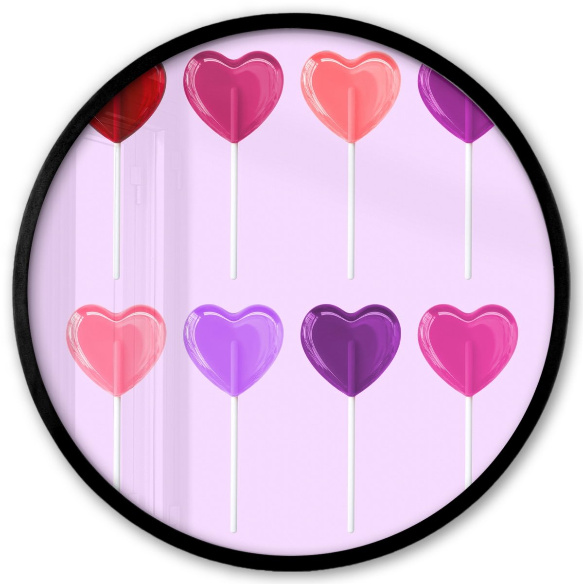 FrameYourWall Poster in lijst Rond - Fotolijst 40x40 cm - Posters - Lolly - Hart - Roze - Snoep - Ronde posterlijst zwart - Decoratie - Wanddecoratie woonkamer - Muurdecoratie slaapkamer