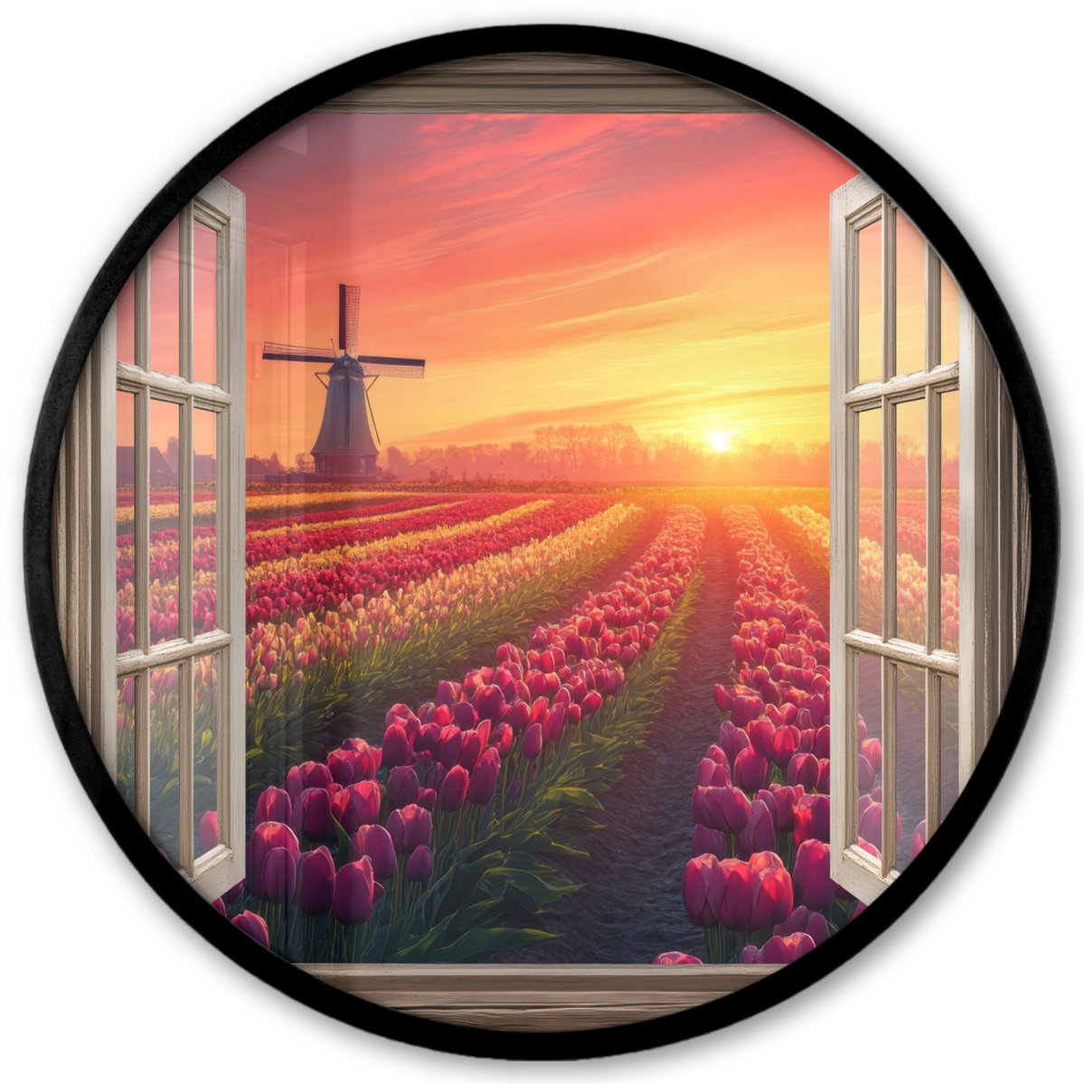 FrameYourWall Poster in lijst Rond - Fotolijst 40x40 cm - Posters - Doorkijk - Tulpen - Zonsondergang - Bloemen - Kleurrijk - Ronde posterlijst zwart - Decoratie - Wanddecoratie woonkamer - Muurdecoratie slaapkamer