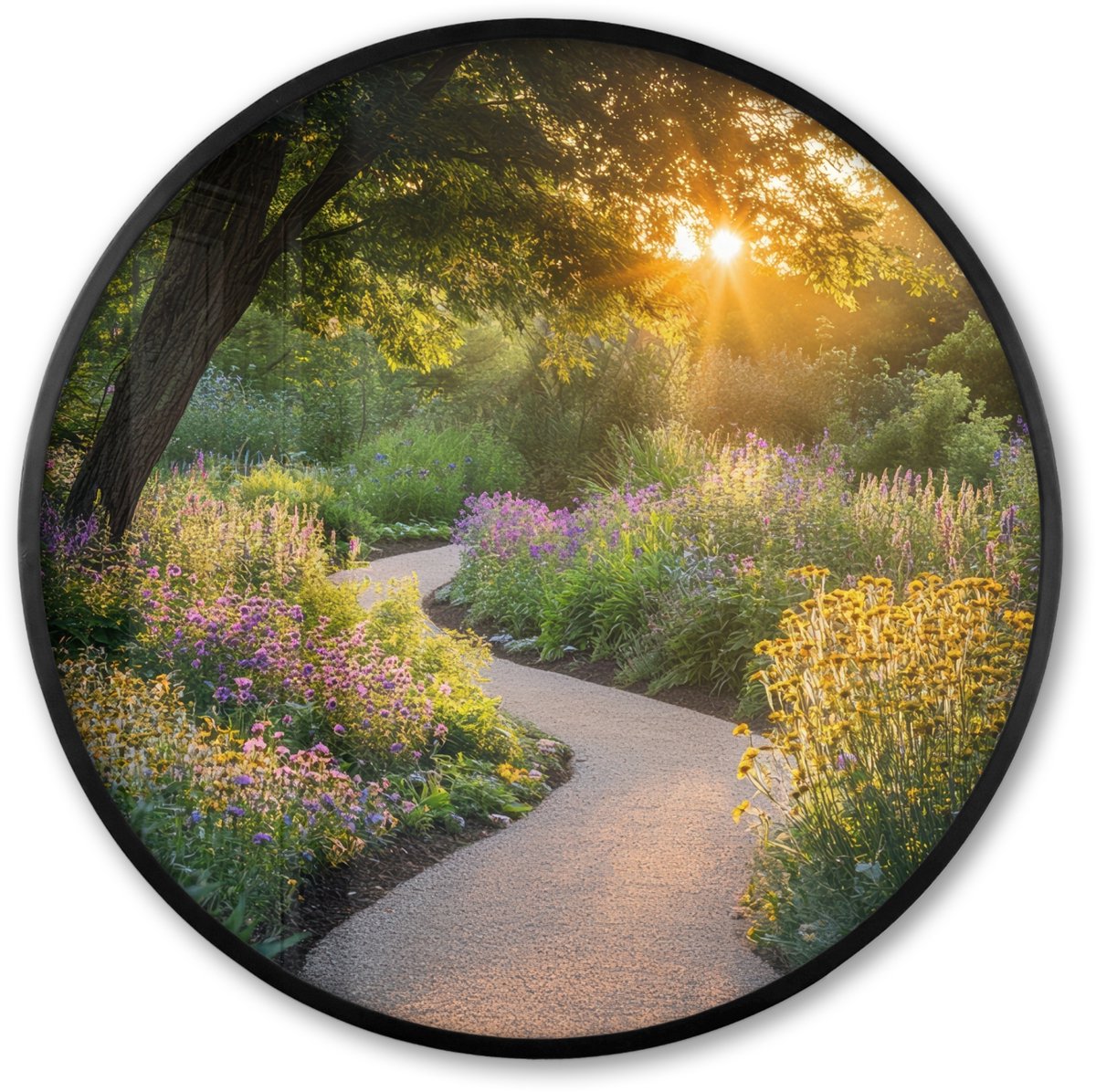 FrameYourWall Poster in lijst Rond - Fotolijst 80x80 cm - Posters - Pad - Bloemen - Park - Ronde posterlijst zwart - Decoratie - Wanddecoratie woonkamer - Muurdecoratie slaapkamer Bloemen - Natuur