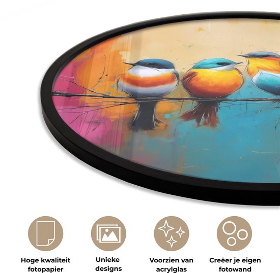 Affiche encadrée ronde - Cadre photo 60x60 cm - Posters - Vogels - Coloré - Branche - Abstrait - Cadre affiche rond noir - Décoration - Décoration murale salon - Décoration murale chambre