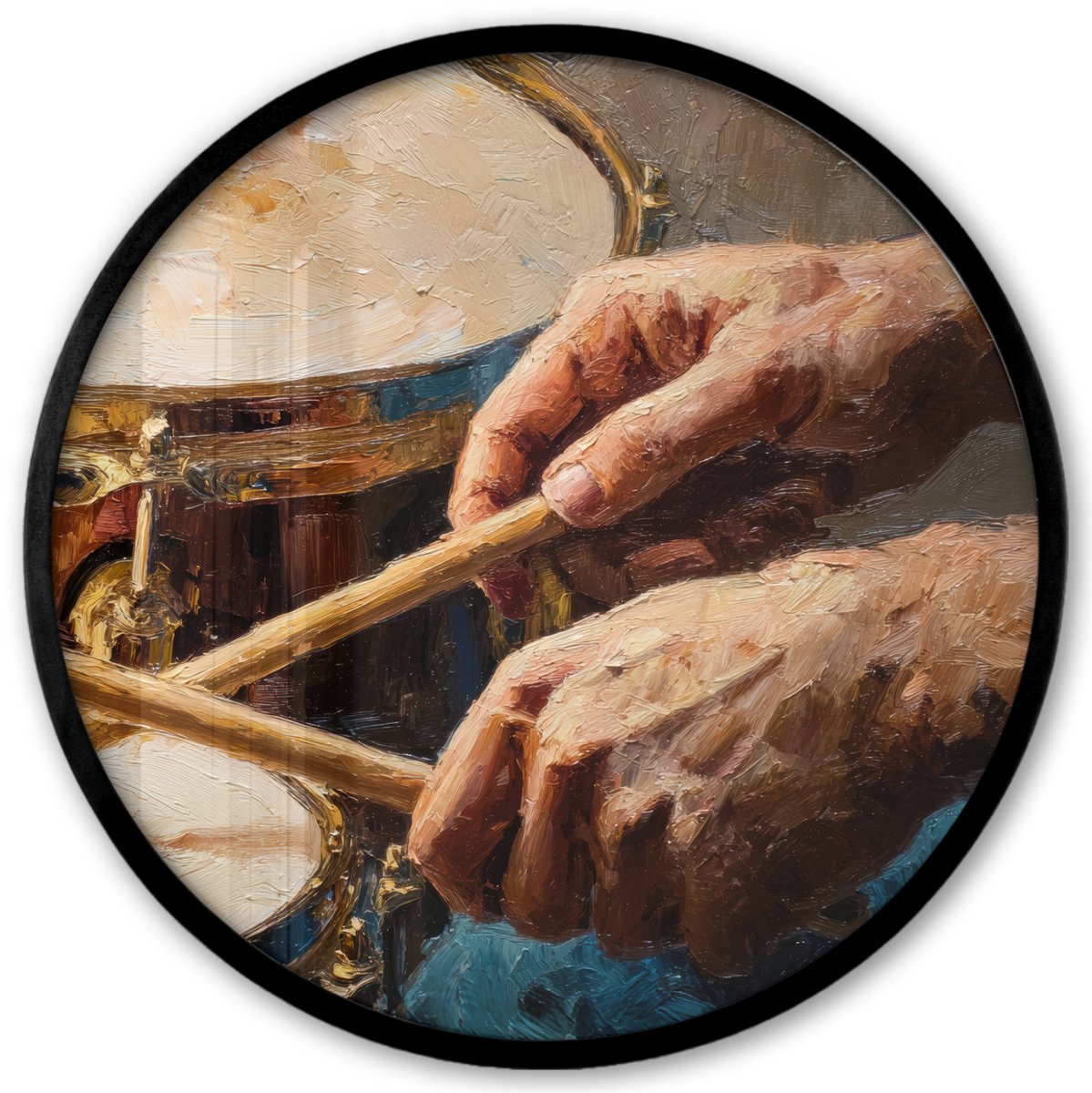 FrameYourWall Poster in lijst Rond - Fotolijst 40x40 cm - Posters - Drumstokken - Olieverf - Man - Ronde posterlijst zwart - Decoratie - Wanddecoratie woonkamer - Muurdecoratie slaapkamer