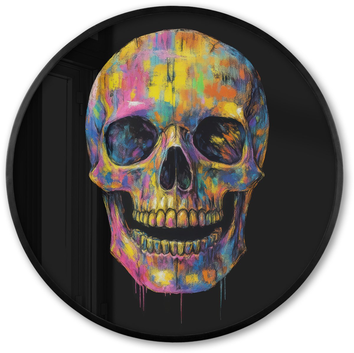 FrameYourWall Poster in lijst Rond - Fotolijst 60x60 cm - Posters - Penseelstreken - Schedel - Kleurrijk - Abstract - Ronde posterlijst zwart - Decoratie - Wanddecoratie woonkamer - Muurdecoratie slaapkamer Schedel - Penseelstreken