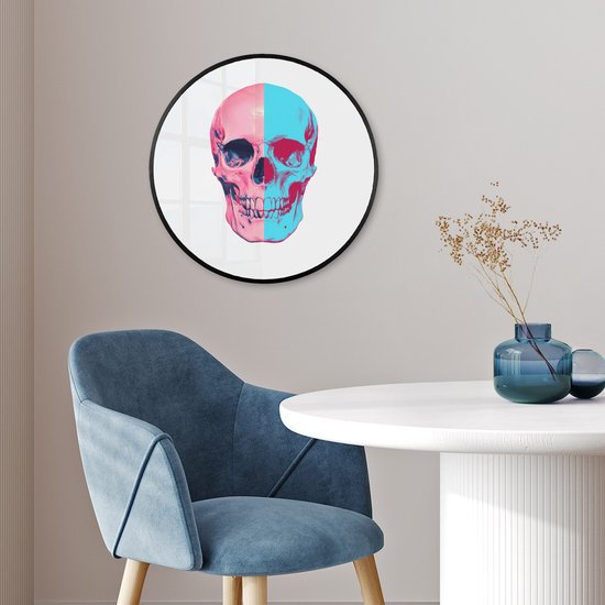 Poster in lijst Rond - Fotolijst 40x40 cm - Posters - Schedel - Grafisch - Roze - Verdeeld - Ronde posterlijst zwart - Decoratie - Wanddecoratie woonkamer - Muurdecoratie slaapkamer