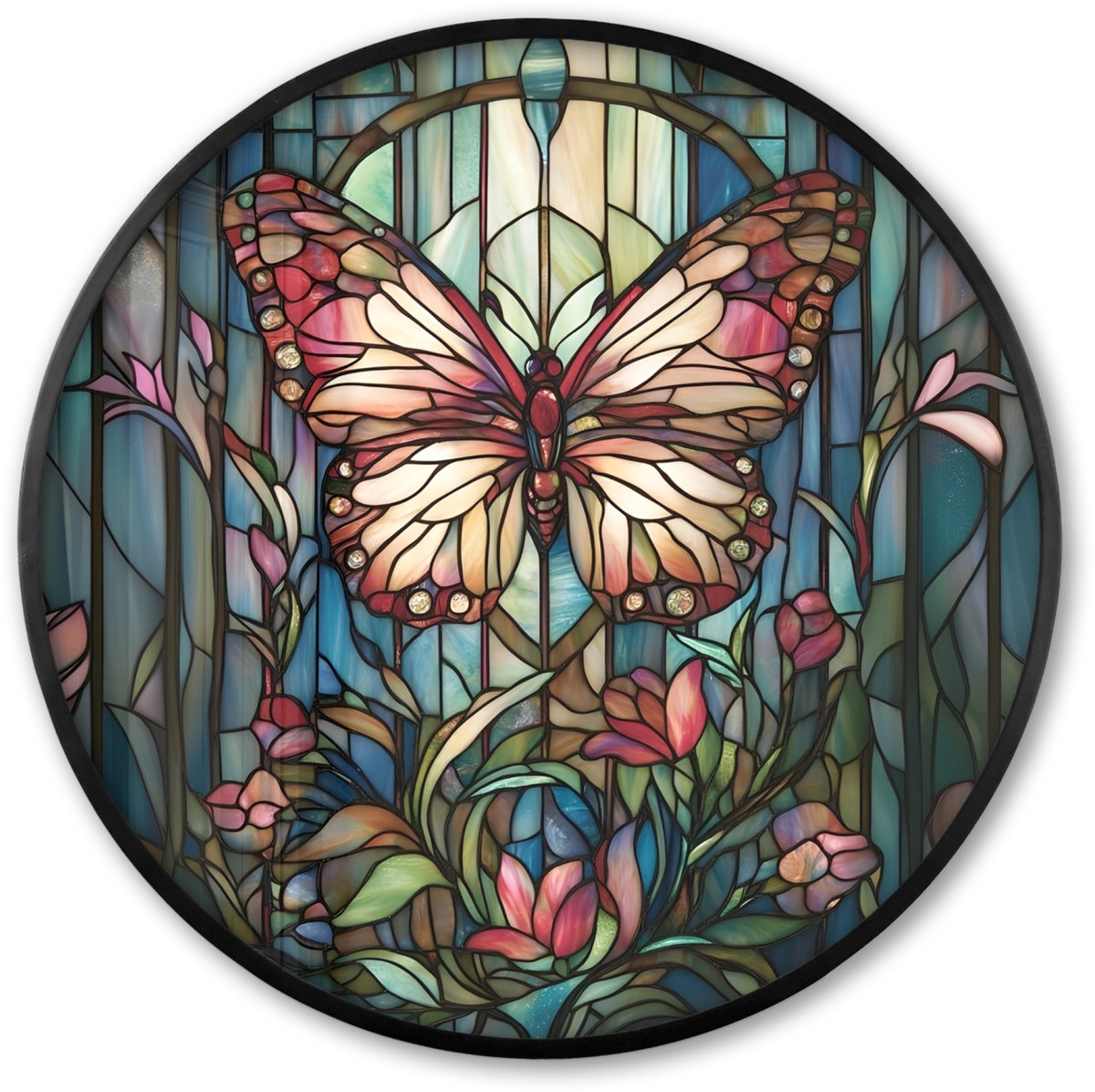 FrameYourWall Poster in lijst Rond - Fotolijst 60x60 cm - Posters - Vlinder - Roze - Bloemen - Bladeren - Ronde posterlijst zwart - Decoratie - Wanddecoratie woonkamer - Muurdecoratie slaapkamer Vlinder - Mozaïek
