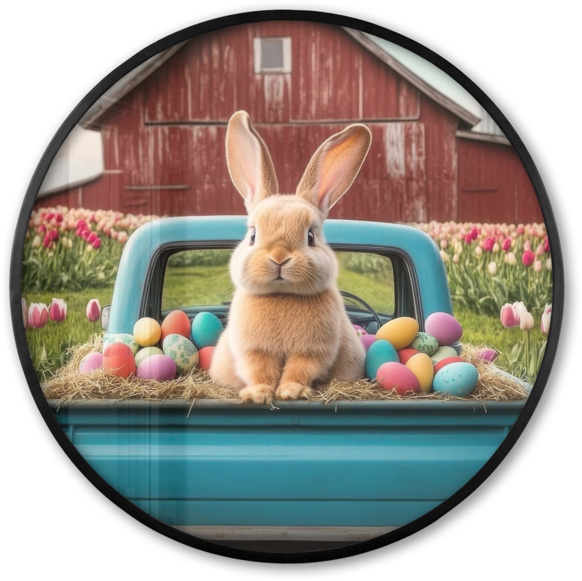 FrameYourWall Poster in lijst Rond - Fotolijst 80x80 cm - Posters - Konijn - Boerderij - Eieren - Ronde posterlijst zwart - Decoratie - Wanddecoratie woonkamer - Muurdecoratie slaapkamer