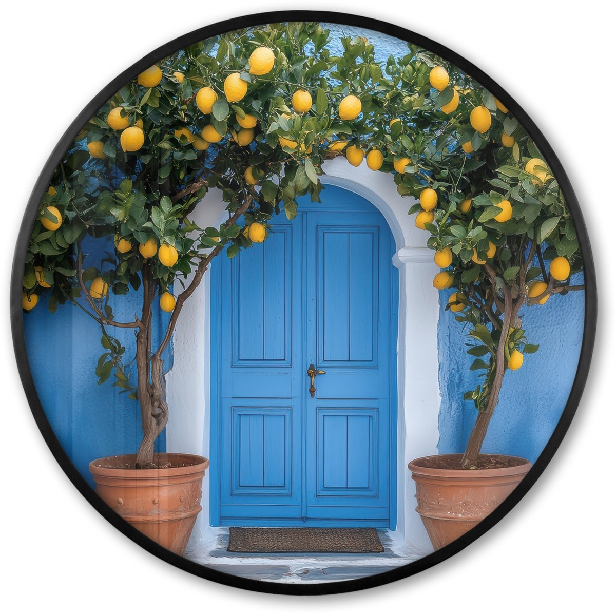 FrameYourWall Poster in lijst Rond - Fotolijst 60x60 cm - Posters - Citroenbomen - Geel - Deur - Potten - Ronde posterlijst zwart - Decoratie - Wanddecoratie woonkamer - Muurdecoratie slaapkamer Deur - Bloemen
