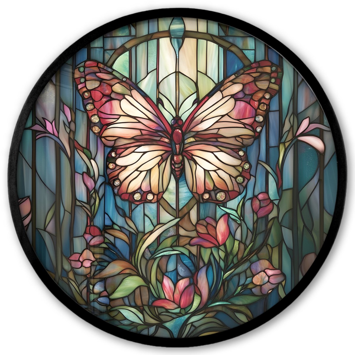 FrameYourWall Poster in lijst Rond - Fotolijst 40x40 cm - Posters - Vlinder - Roze - Bloemen - Bladeren - Ronde posterlijst zwart - Decoratie - Wanddecoratie woonkamer - Muurdecoratie slaapkamer Vlinder - Mozaïek