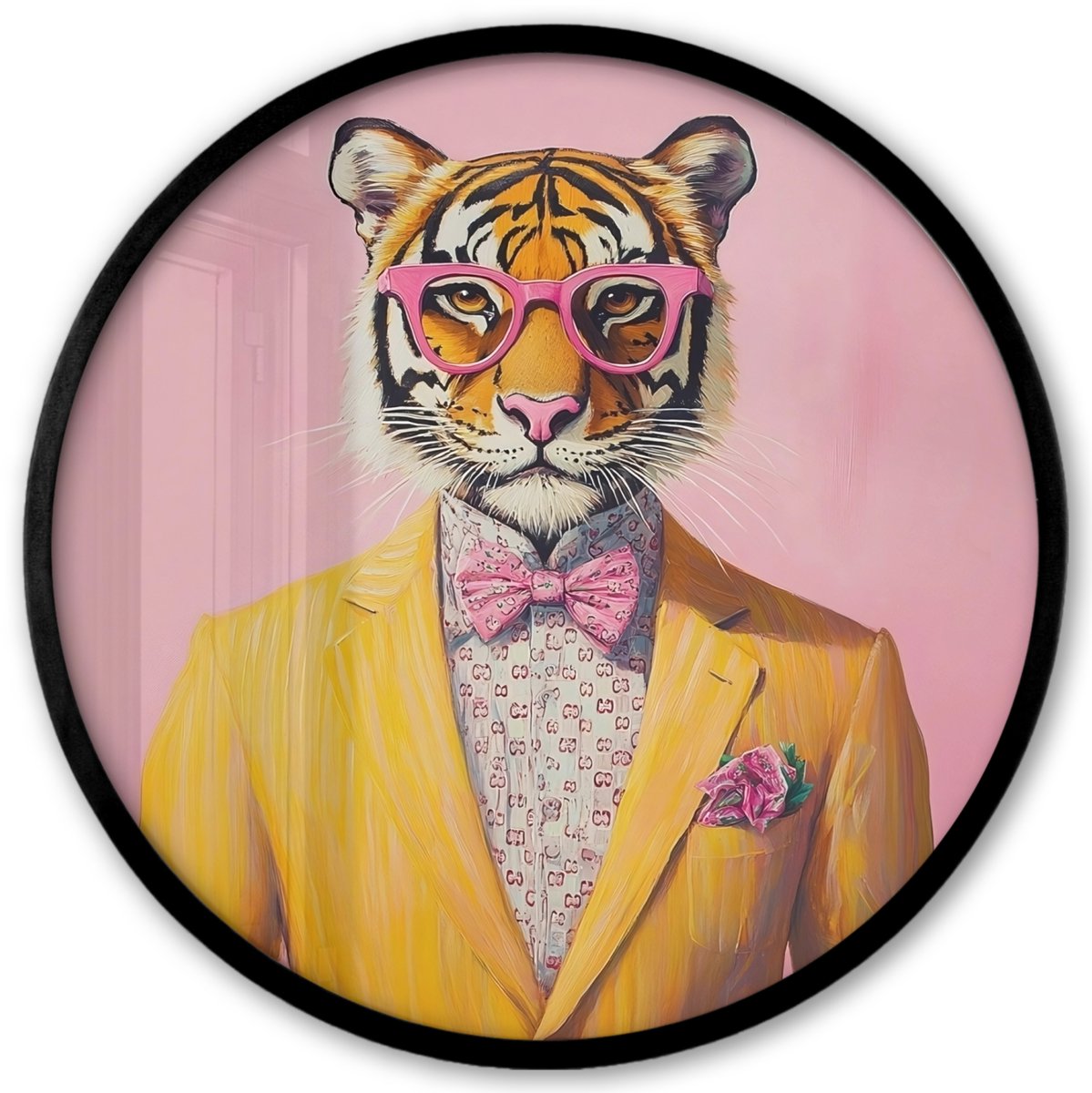 FrameYourWall Poster in lijst Rond - Fotolijst 40x40 cm - Posters - Tijger - Bril - Geel - Jasje - Ronde posterlijst zwart - Decoratie - Wanddecoratie woonkamer - Muurdecoratie slaapkamer