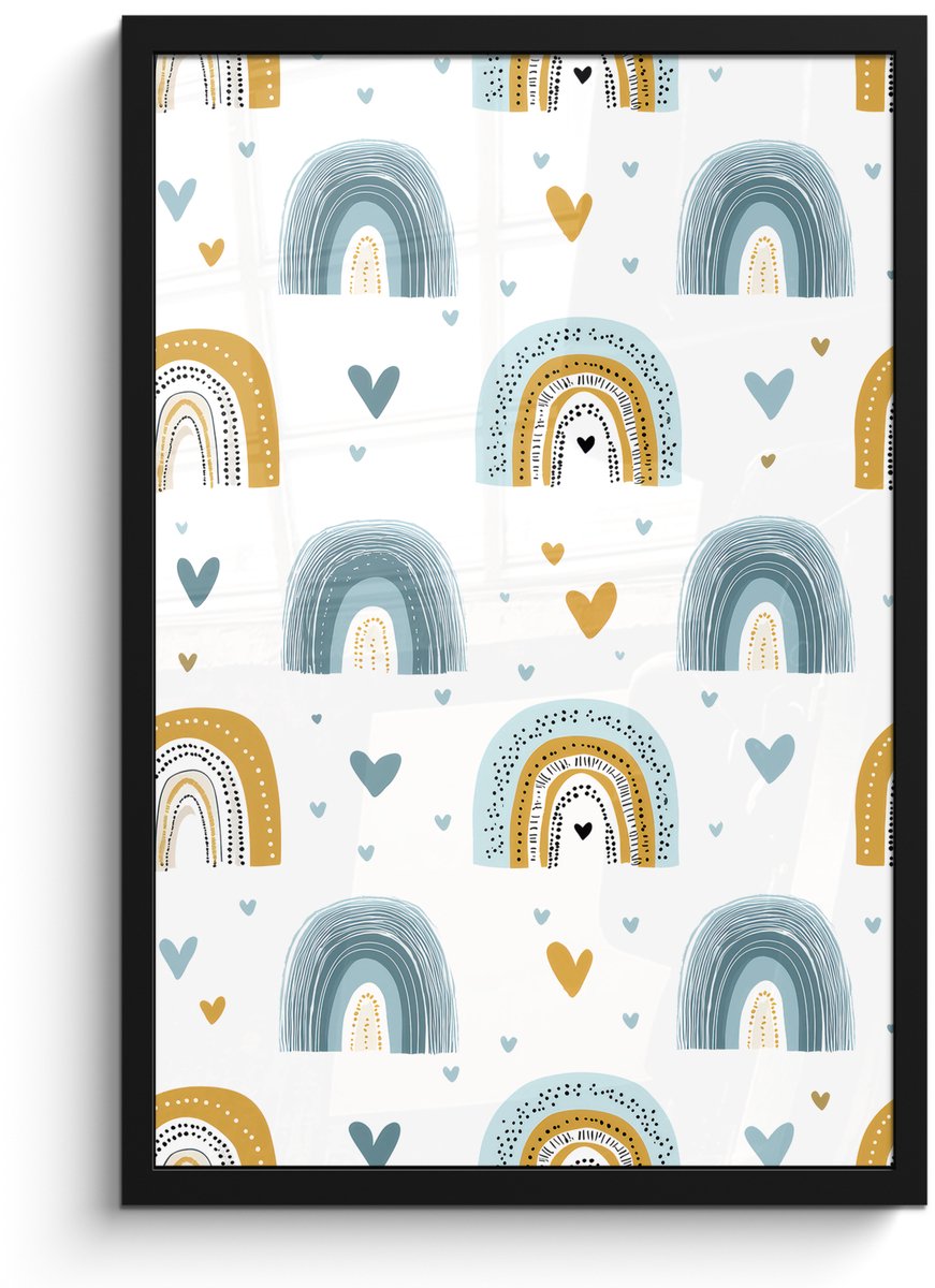 FrameYourWall Poster in lijst - Fotolijst 40x60 cm - Posters - Patroon - Regenboog - Hartjes - Posterlijst zwart - Decoratie - Wanddecoratie woonkamer - Muurdecoratie slaapkamer Multicolor
