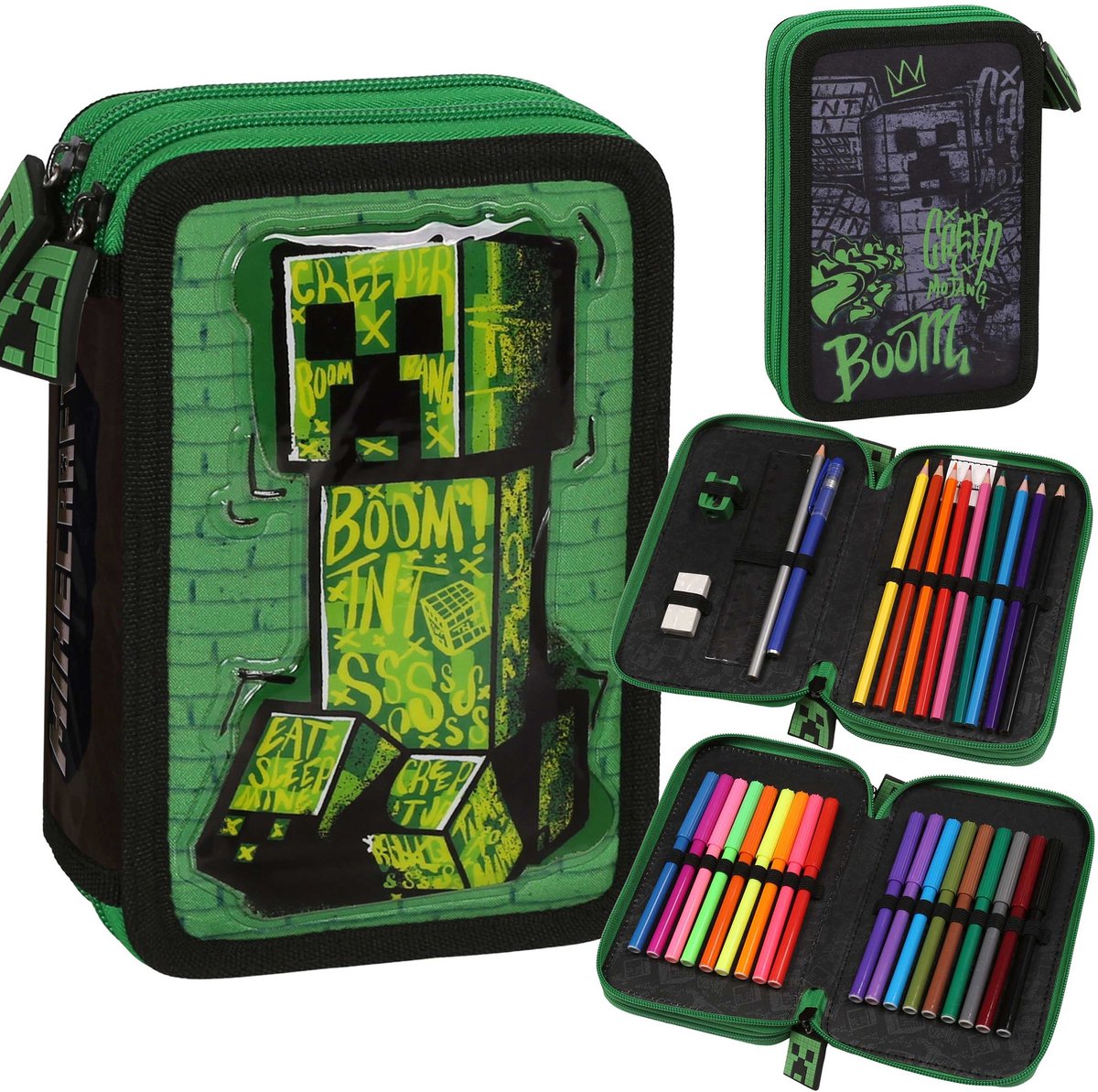 Minecraft Creeper Tweekameretui MET INHOUD voor jongens VOOR SCHOOL - 32 onderdelen, 2 sluitingen