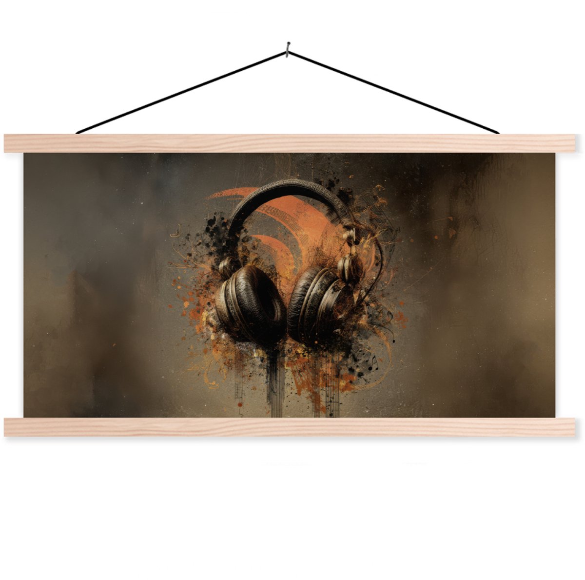 Posterhanger incl. Poster 90x45 cm - Schoolplaat - Koptelefoon - Bruin - Verf - Vintage - 