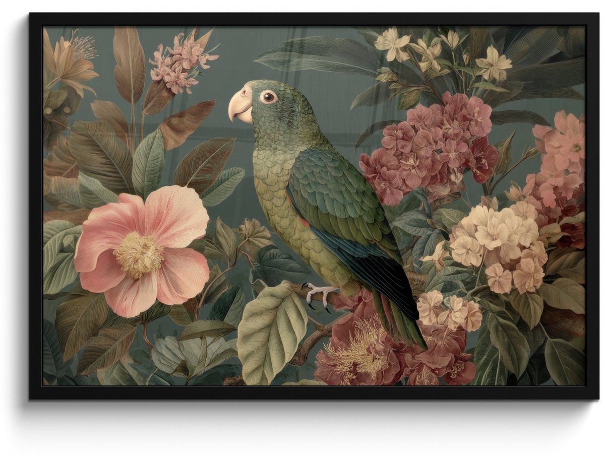 FrameYourWall Poster in lijst - Fotolijst 90x60 cm - Posters - Groene papegaai - Kleurrijke bloemen - Donkere achtergrond - Posterlijst zwart - Decoratie - Wanddecoratie woonkamer - Muurdecoratie slaapkamer Papegaai - Bloemen
