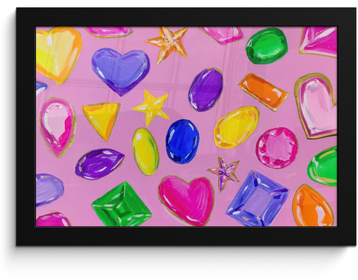 FrameYourWall Poster in lijst - Fotolijst 30x20 cm - Posters - Edelstenen - Vormen - Hartje - Kleurrijk - Posterlijst zwart - Decoratie - Wanddecoratie woonkamer - Muurdecoratie slaapkamer Vormen - Kleurrijk