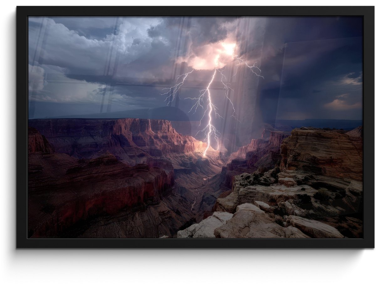 FrameYourWall Poster in lijst - Fotolijst 60x40 cm - Posters - Bliksem - Wolken - Canyon - Posterlijst zwart - Decoratie - Wanddecoratie woonkamer - Muurdecoratie slaapkamer Bliksem - Wolken - Rotsen