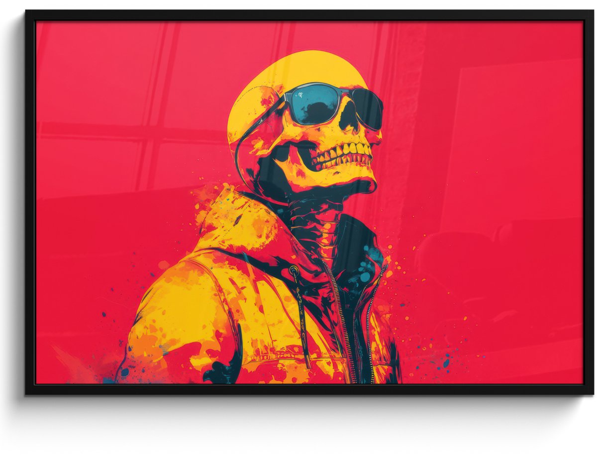 FrameYourWall Poster in lijst - Fotolijst 120x80 cm - Posters - Zonnebril - Schedel - Jas - Rood - Posterlijst zwart - Decoratie - Wanddecoratie woonkamer - Muurdecoratie slaapkamer Schedel - Zonnebril