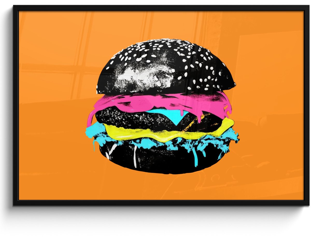 FrameYourWall Poster in lijst - Fotolijst 120x80 cm - Posters - Hamburger - Oranje - Neon - popart - Posterlijst zwart - Decoratie - Wanddecoratie woonkamer - Muurdecoratie slaapkamer Hamburger - popart