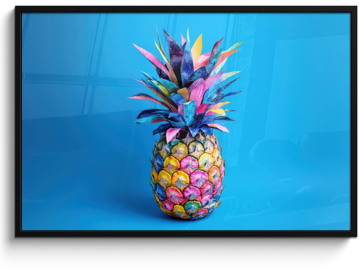 FrameYourWall Poster in lijst - Fotolijst 120x80 cm - Posters - Ananas - Blauw - Tropisch - Vrolijk - Posterlijst zwart - Decoratie - Wanddecoratie woonkamer - Muurdecoratie slaapkamer Ananas - Tropisch
