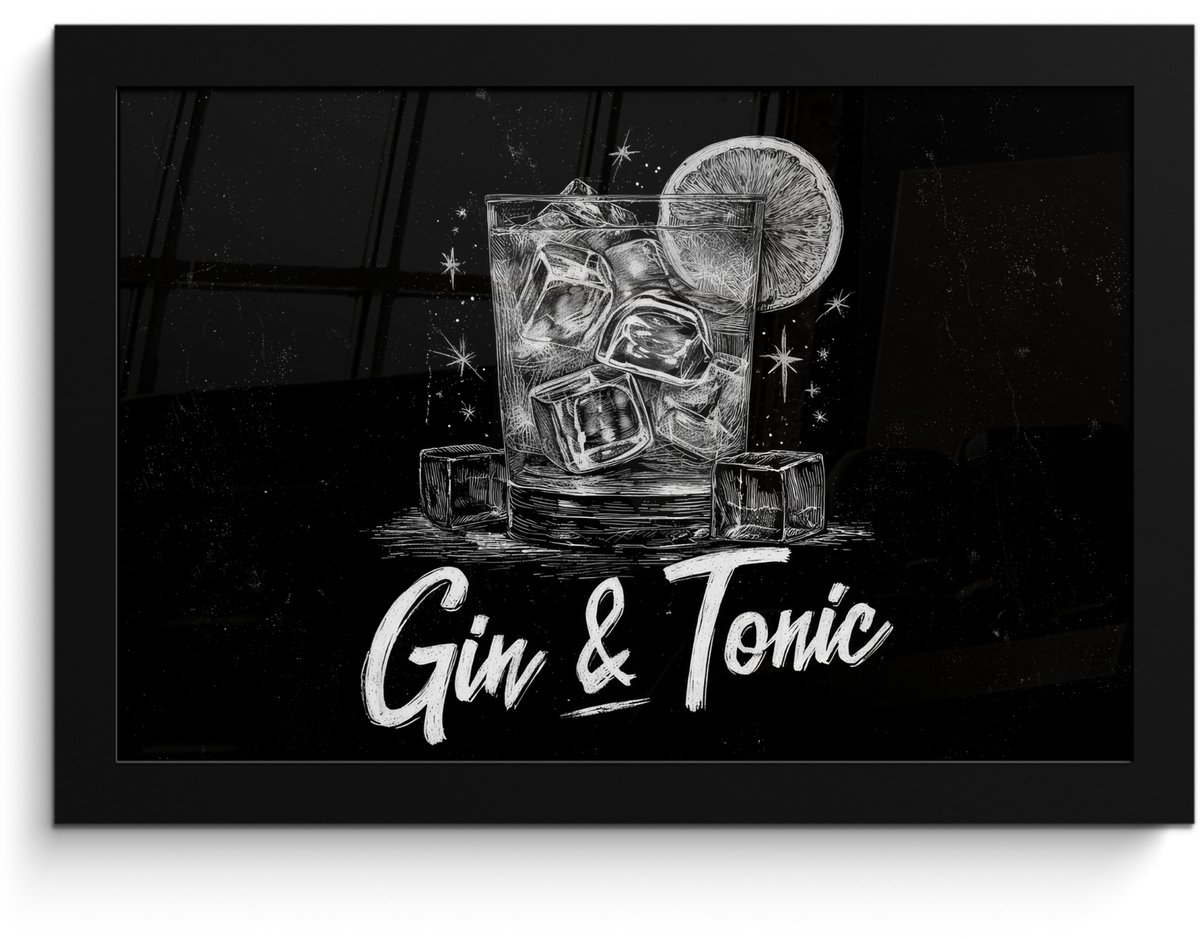 FrameYourWall Poster in lijst - Fotolijst 30x20 cm - Posters - Gin en tonic - Glas - Limoen - Ijsblokjes - Posterlijst zwart - Decoratie - Wanddecoratie woonkamer - Muurdecoratie slaapkamer Gin & tonic - Ijsblokjes