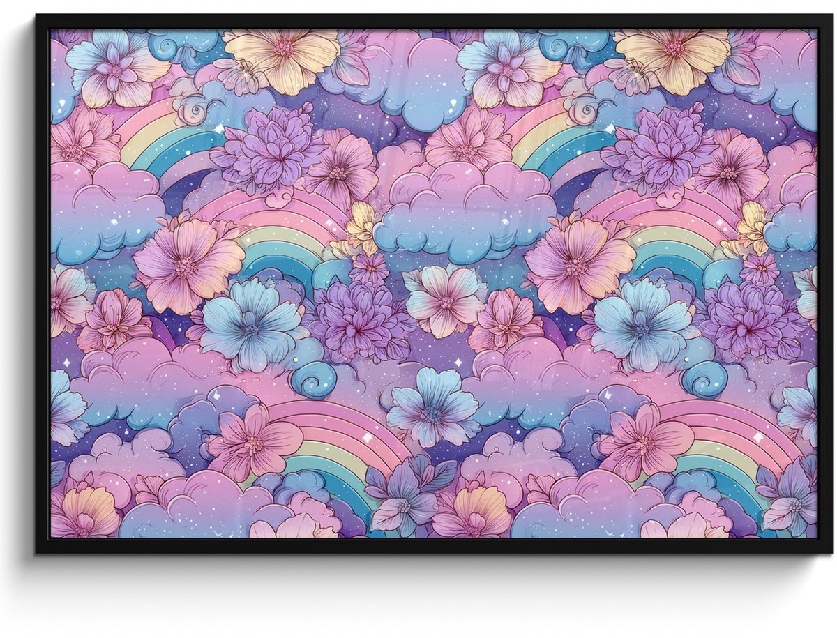 FrameYourWall Poster in lijst - Fotolijst 120x80 cm - Posters - Regenbogen - Bloemen - Kleurrijk - Wolken - Posterlijst zwart - Decoratie - Wanddecoratie woonkamer - Muurdecoratie slaapkamer