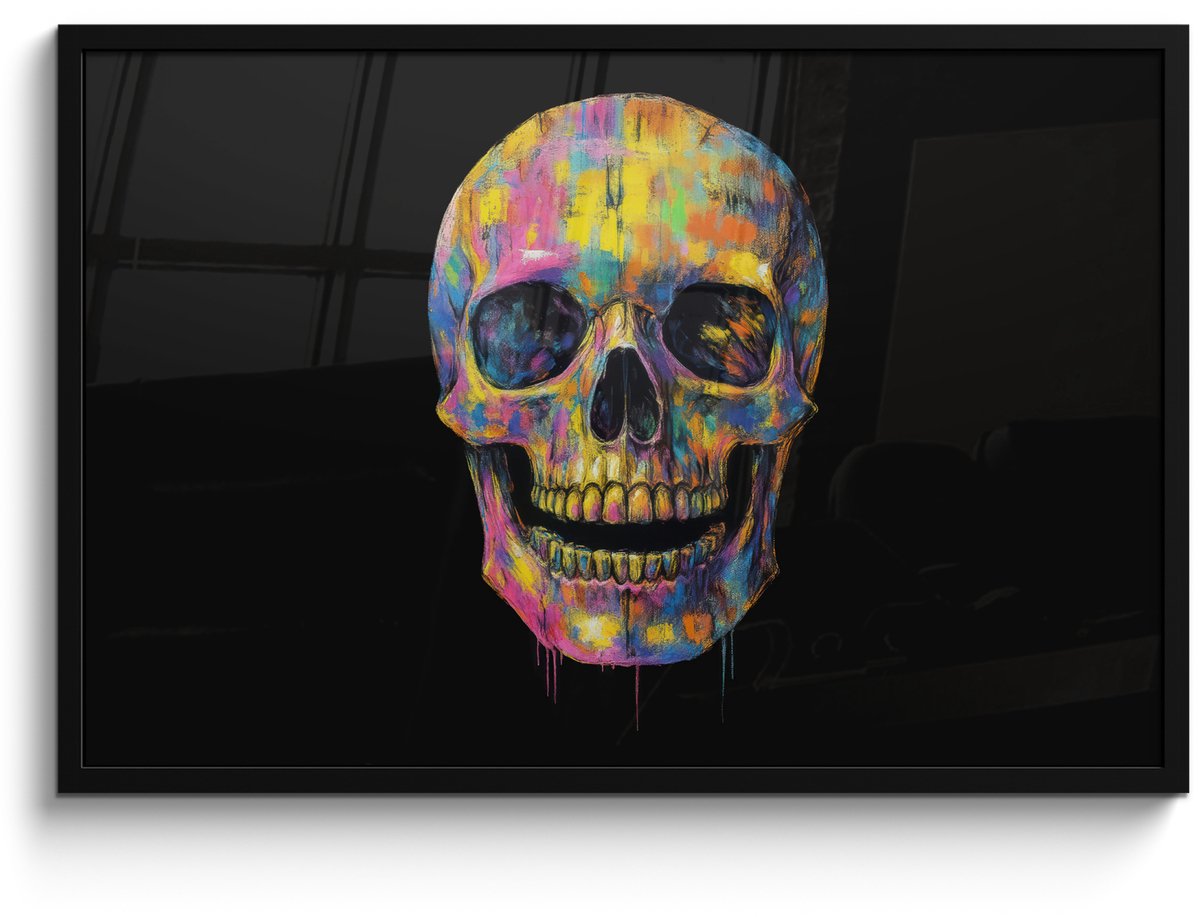 FrameYourWall Poster in lijst - Fotolijst 90x60 cm - Posters - Penseelstreken - Schedel - Kleurrijk - Abstract - Posterlijst zwart - Decoratie - Wanddecoratie woonkamer - Muurdecoratie slaapkamer Schedel - Penseelstreken
