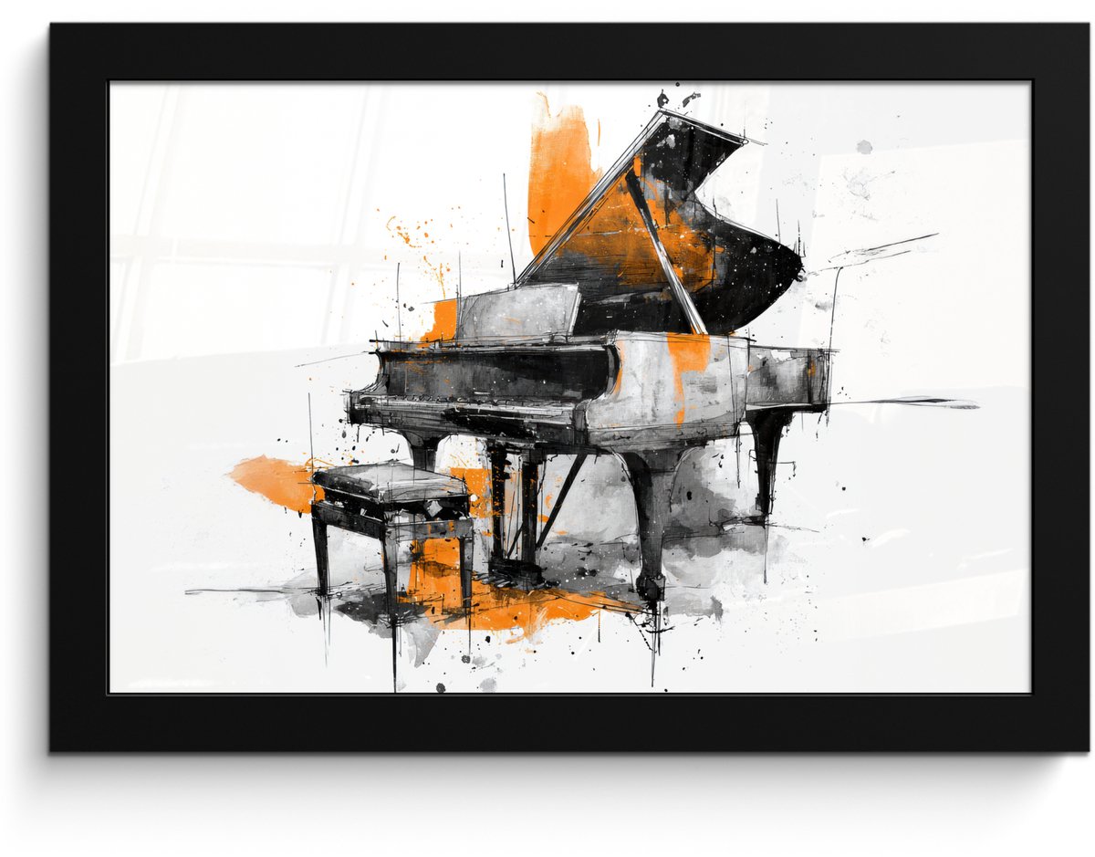 FrameYourWall Poster in lijst - Fotolijst 30x20 cm - Posters - Piano - Oranje - Zwart - schets lijnen - Posterlijst zwart - Decoratie - Wanddecoratie woonkamer - Muurdecoratie slaapkamer