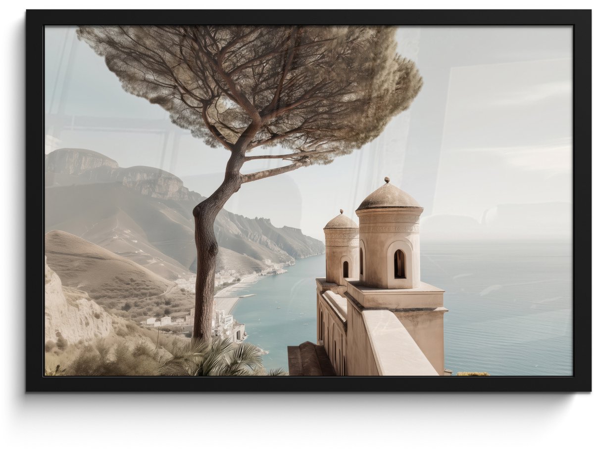 FrameYourWall Poster in lijst - Fotolijst 60x40 cm - Posters - Kust - Klif - Boom - Gebouw - Posterlijst zwart - Decoratie - Wanddecoratie woonkamer - Muurdecoratie slaapkamer