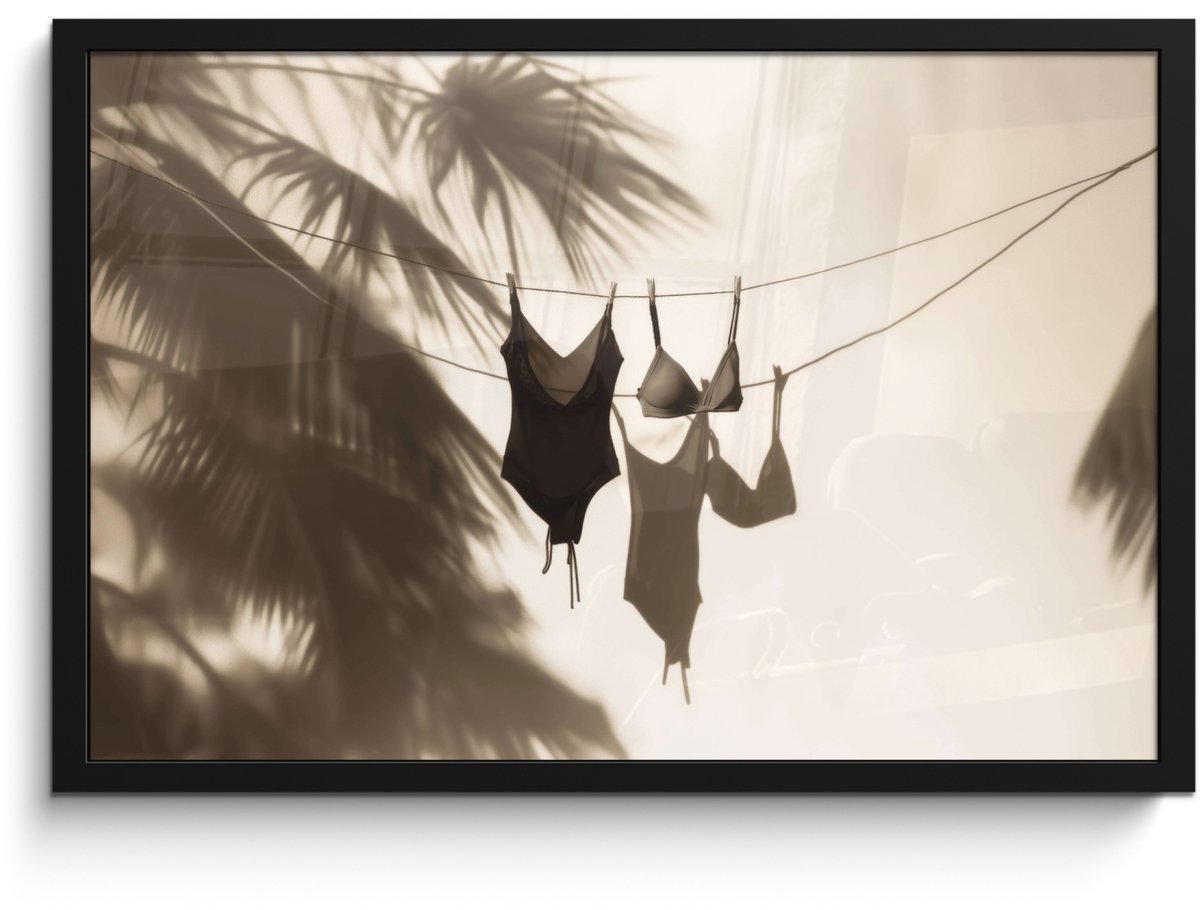FrameYourWall Poster in lijst - Fotolijst 60x40 cm - Posters - Badkleding - Palmbomen - Schaduw - Tropisch - Posterlijst zwart - Decoratie - Wanddecoratie woonkamer - Muurdecoratie slaapkamer Badkleding - Waslijn - Tropisch