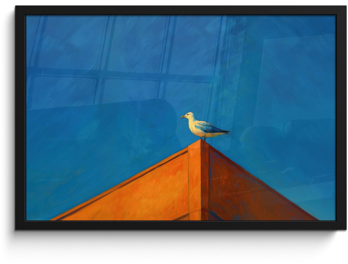 FrameYourWall Poster in lijst - Fotolijst 60x40 cm - Posters - Meeuw - Gebouw - Lucht - Geschilderd - Posterlijst zwart - Decoratie - Wanddecoratie woonkamer - Muurdecoratie slaapkamer