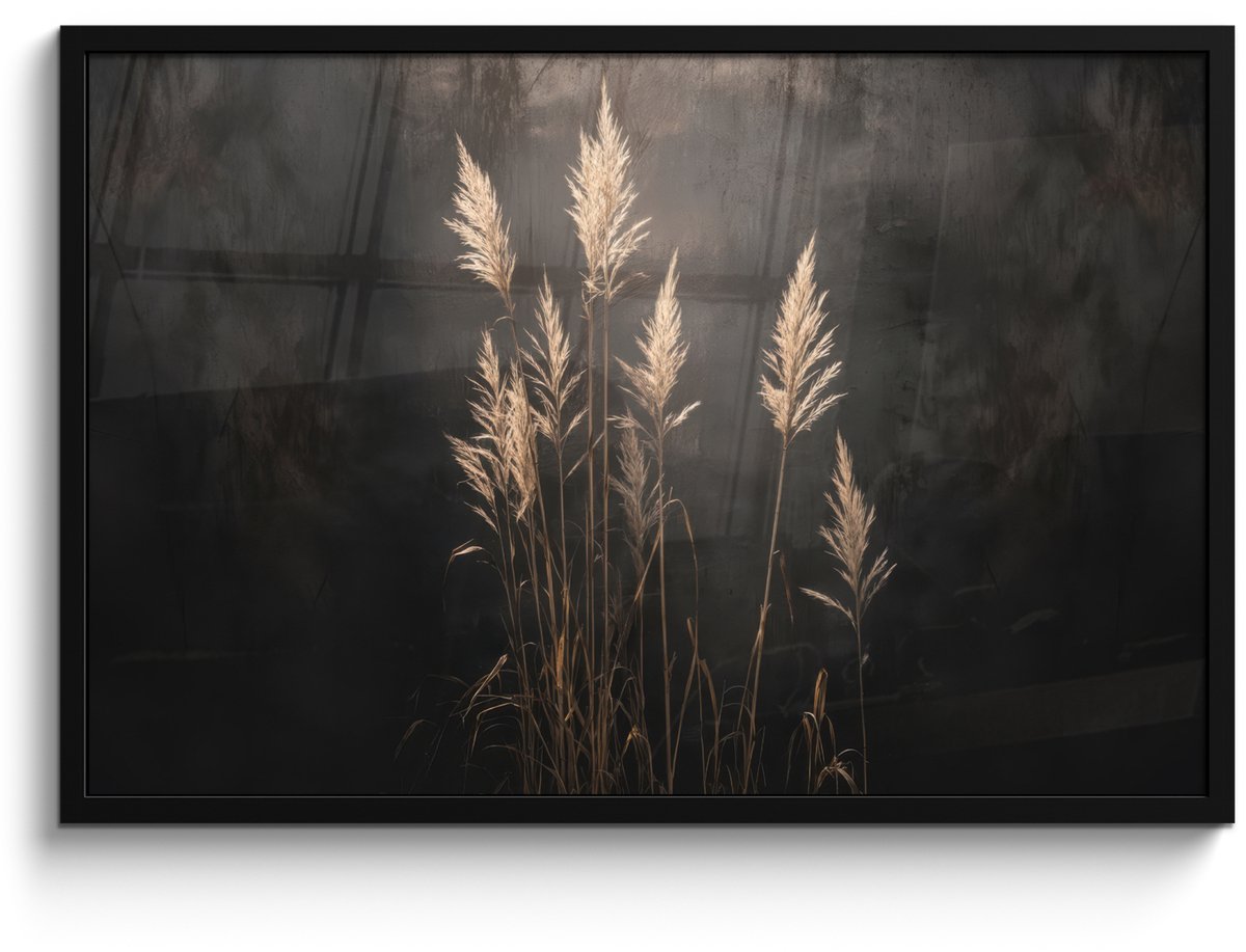 FrameYourWall Poster in lijst - Fotolijst 90x60 cm - Posters - Siergras - Pluimen - Verlichting - Zwart - Posterlijst zwart - Decoratie - Wanddecoratie woonkamer - Muurdecoratie slaapkamer