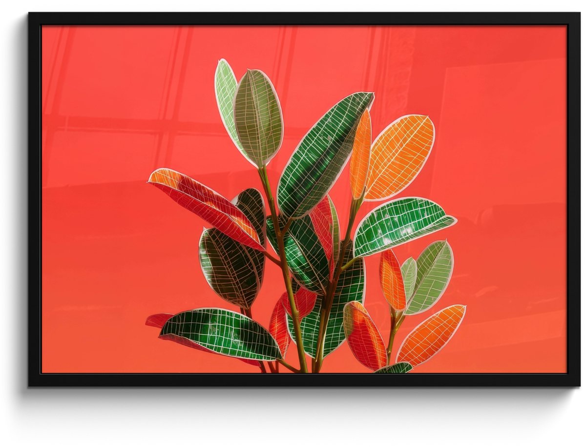 FrameYourWall Poster in lijst - Fotolijst 90x60 cm - Posters - Bladeren - Nerven - Oranje - Structuur - Posterlijst zwart - Decoratie - Wanddecoratie woonkamer - Muurdecoratie slaapkamer Bladeren - Nerven - Structuur