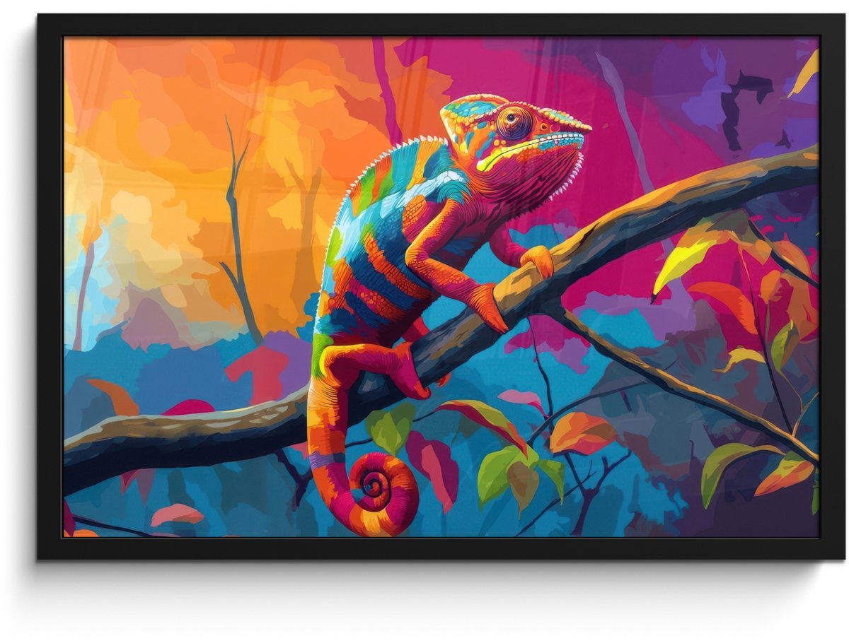 FrameYourWall Poster in lijst - Fotolijst 60x40 cm - Posters - Kameleon - Tak - Gestreept - Bladeren - Posterlijst zwart - Decoratie - Wanddecoratie woonkamer - Muurdecoratie slaapkamer Kameleon - Kleurrijk