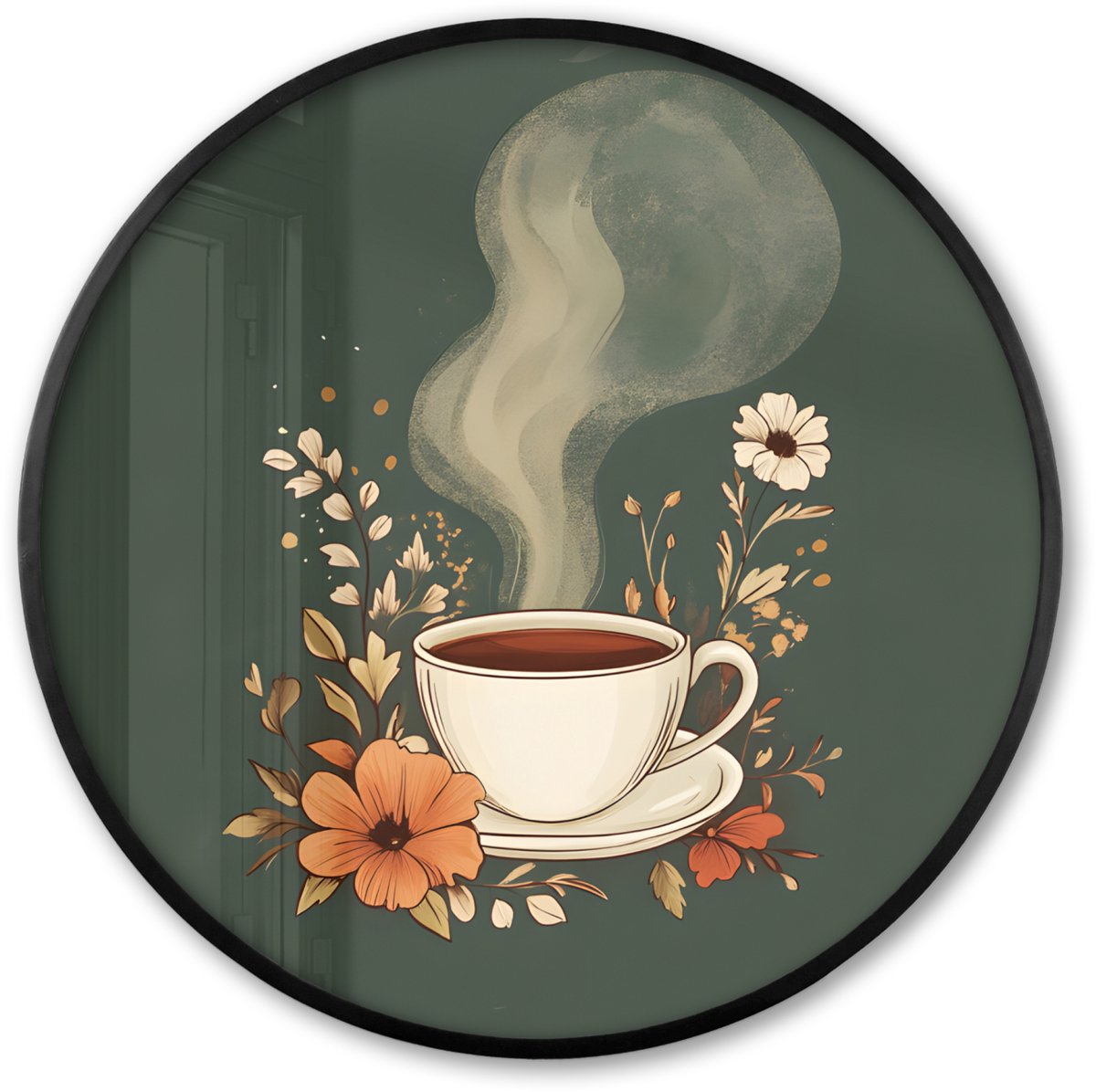 FrameYourWall Poster in lijst Rond - Fotolijst 80x80 cm - Posters - Kop - Bloemen - Groen - Koffie - Ronde posterlijst zwart - Decoratie - Wanddecoratie woonkamer - Muurdecoratie slaapkamer Koffie - Bloemen