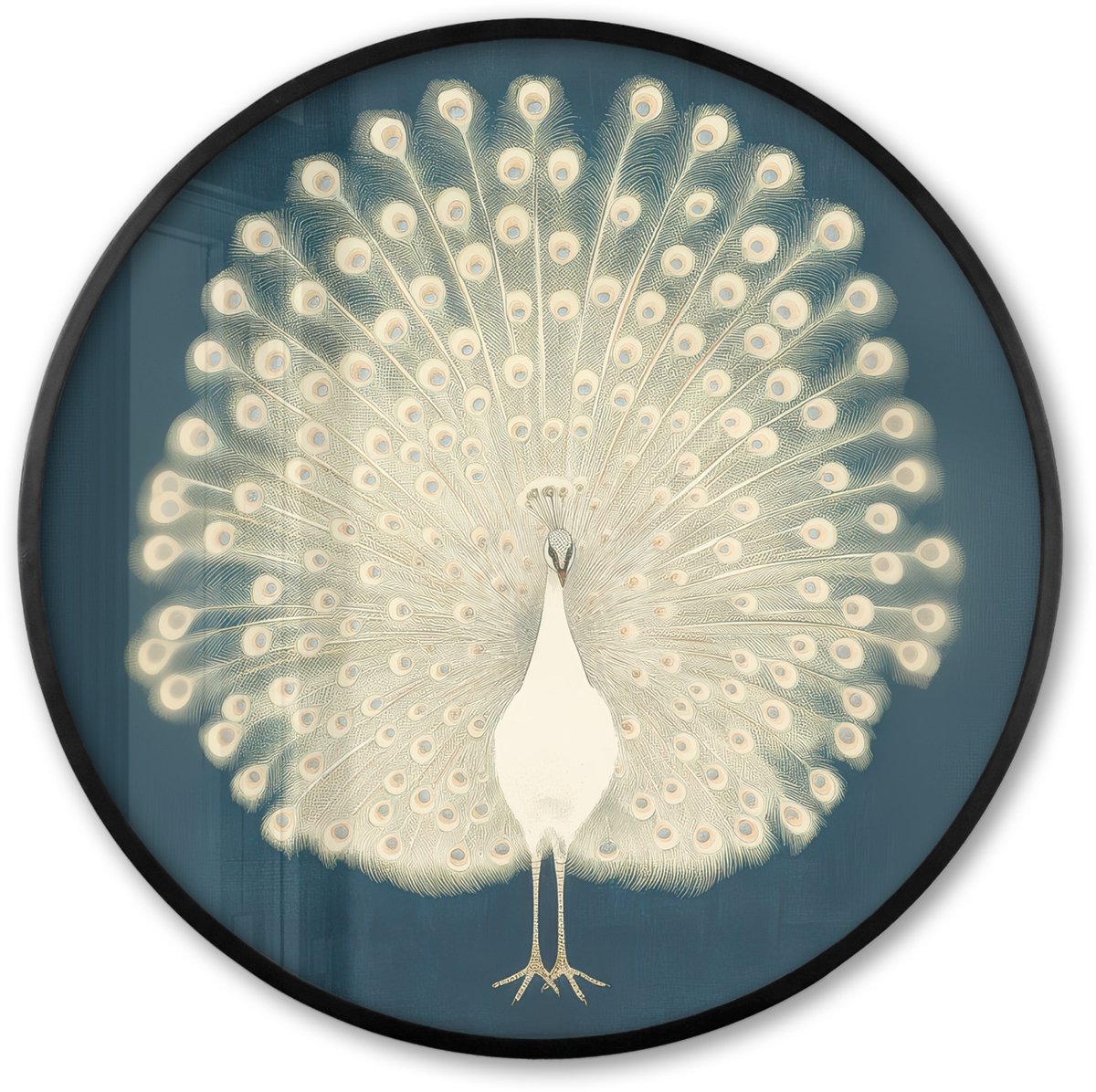 FrameYourWall Poster in lijst Rond - Fotolijst 80x80 cm - Posters - Vogel - Blauw - Vintage - Ronde posterlijst zwart - Decoratie - Wanddecoratie woonkamer - Muurdecoratie slaapkamer Pauw