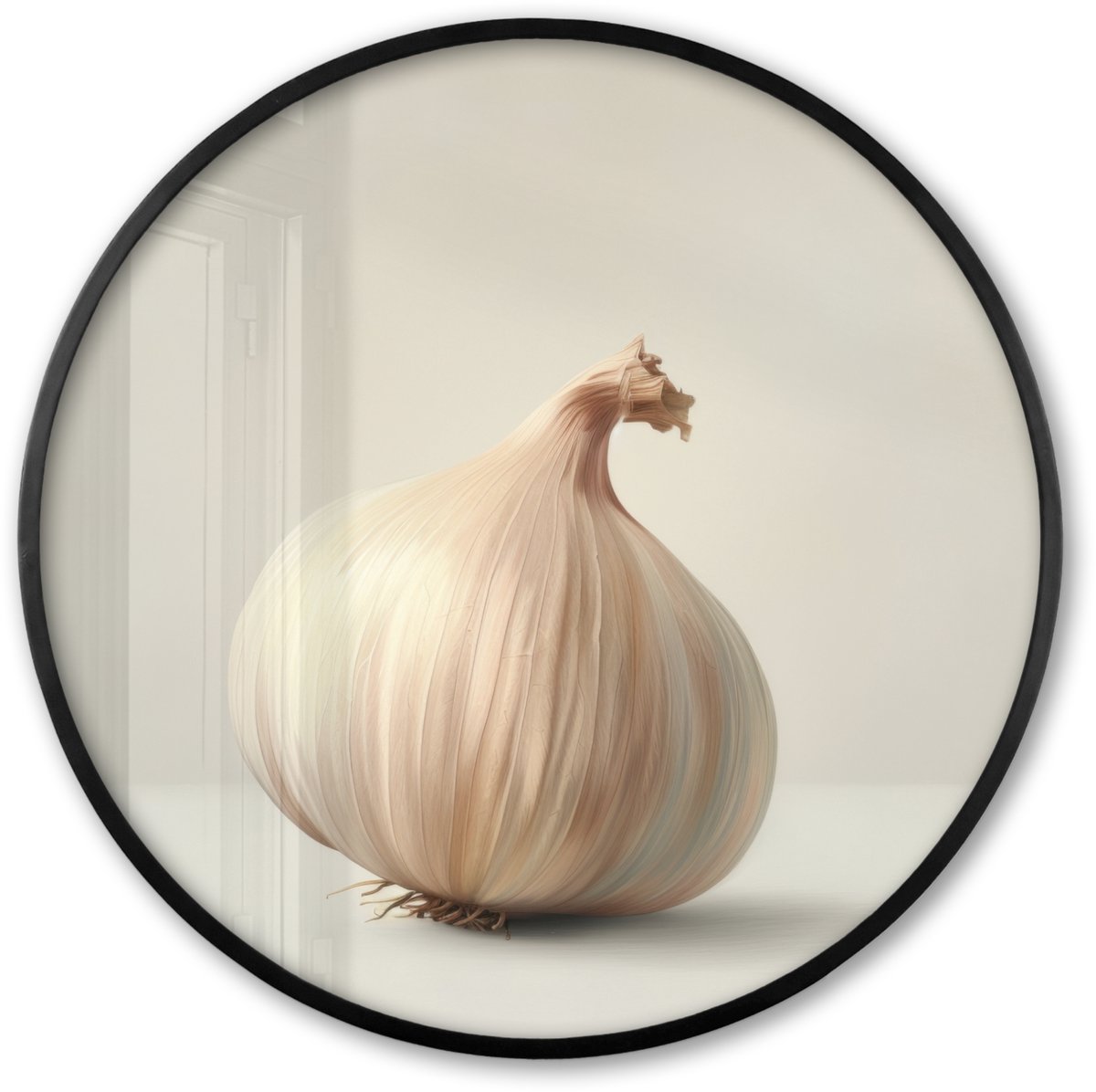FrameYourWall Poster in lijst Rond - Fotolijst 60x60 cm - Posters - Knoflook - Natuurlijk - Beige - Ronde posterlijst zwart - Decoratie - Wanddecoratie woonkamer - Muurdecoratie slaapkamer
