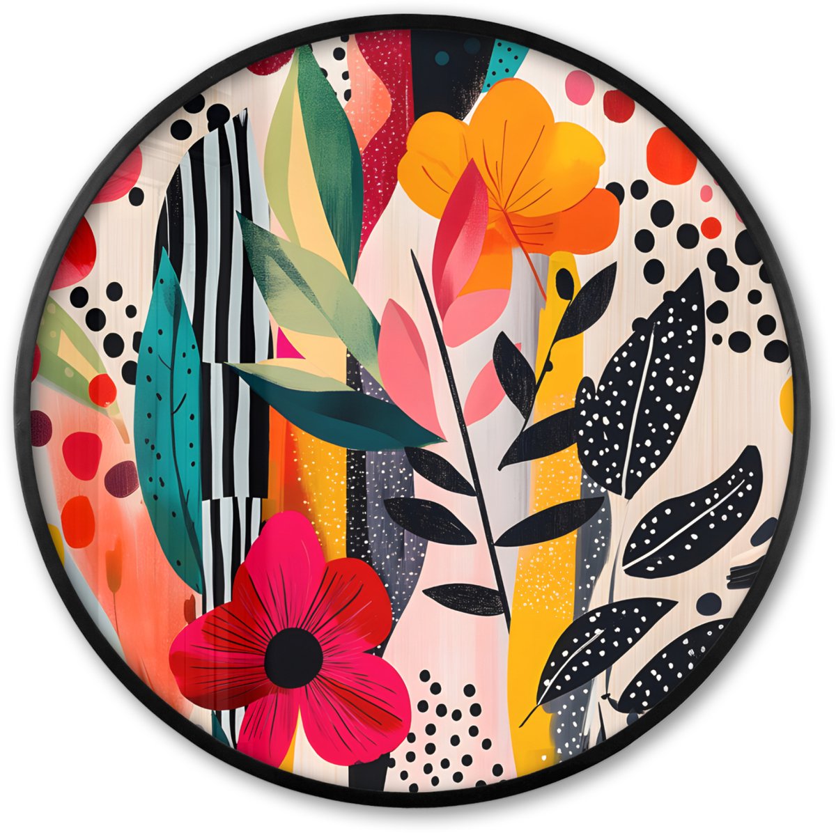 FrameYourWall Poster in lijst Rond - Fotolijst 60x60 cm - Posters - Bloemen - Bladeren - Abstract - Kleurrijk - Ronde posterlijst zwart - Decoratie - Wanddecoratie woonkamer - Muurdecoratie slaapkamer Bloemen - Kleurrijk - Stippen