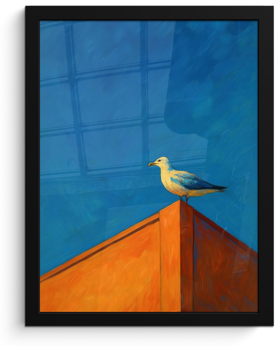 FrameYourWall Poster in lijst - Fotolijst 30x40 cm - Posters - Meeuw - Gebouw - Lucht - Geschilderd - Posterlijst zwart - Decoratie - Wanddecoratie woonkamer - Muurdecoratie slaapkamer