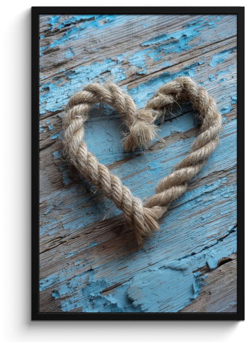 FrameYourWall Poster in lijst - Fotolijst 60x90 cm - Posters - Hart - Touw - Hout - Rustiek - Posterlijst zwart - Decoratie - Wanddecoratie woonkamer - Muurdecoratie slaapkamer