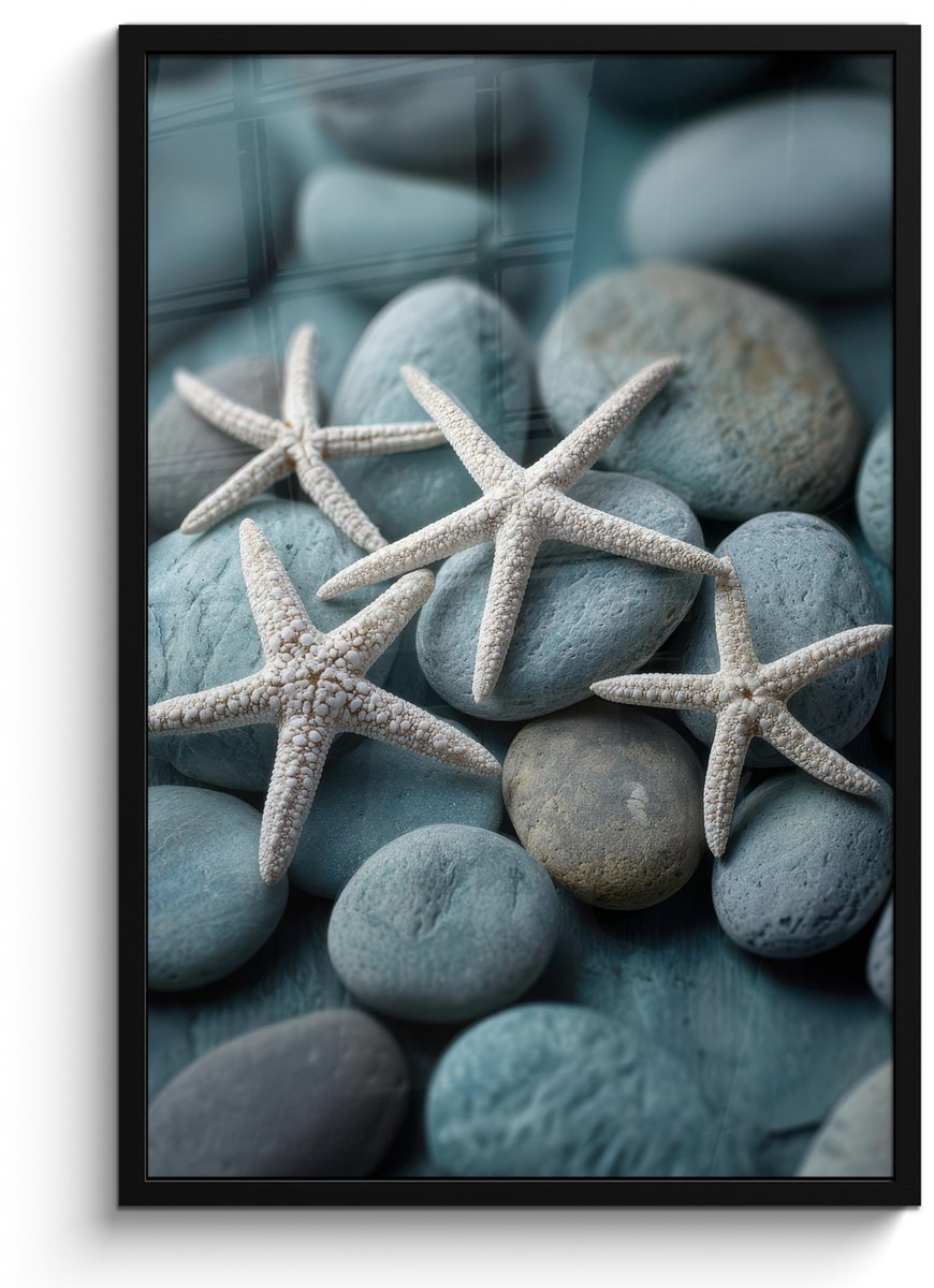 FrameYourWall Poster in lijst - Fotolijst 60x90 cm - Posters - Zeesterren - Stenen - Wit - Posterlijst zwart - Decoratie - Wanddecoratie woonkamer - Muurdecoratie slaapkamer