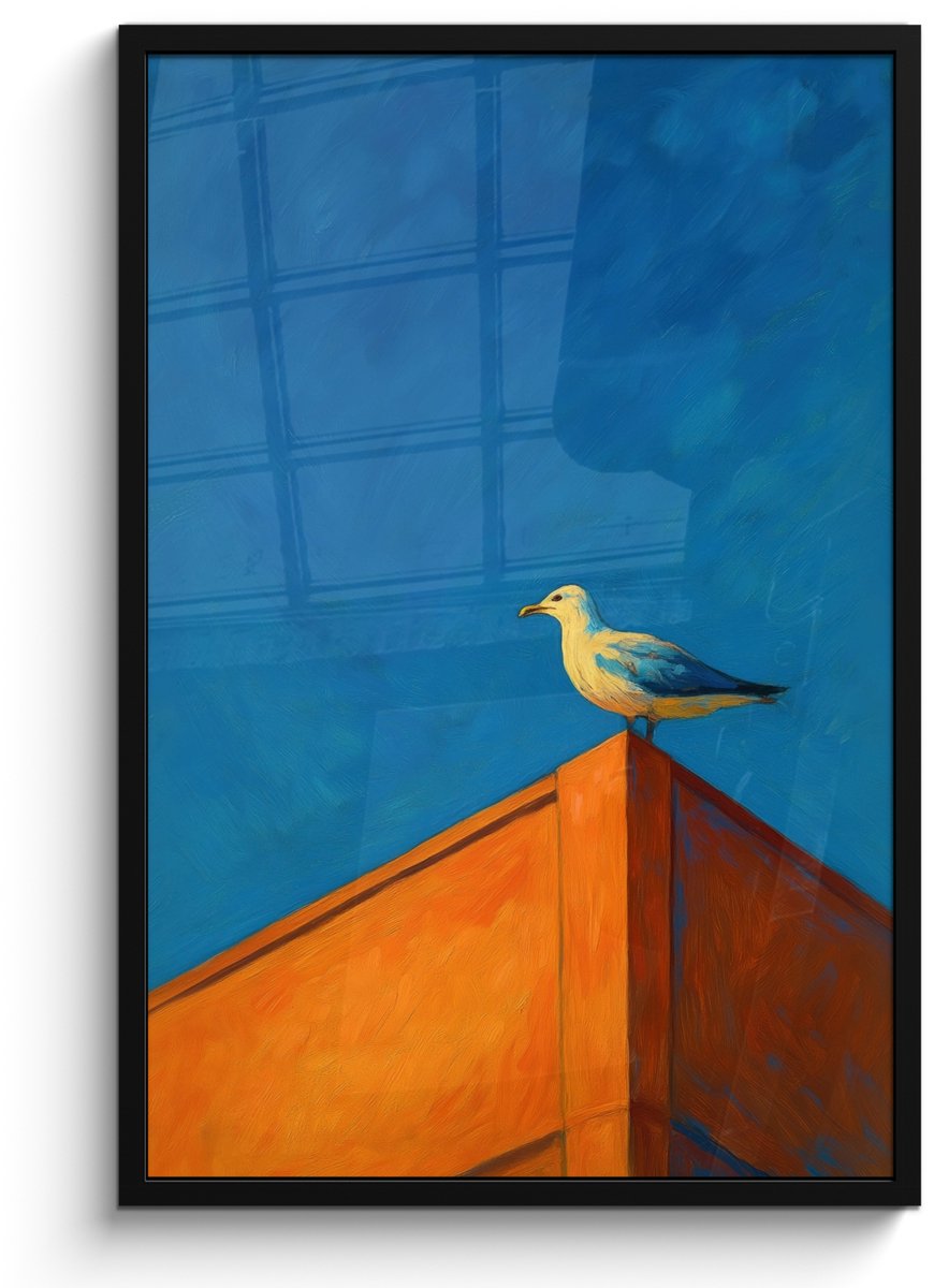 FrameYourWall Poster in lijst - Fotolijst 60x90 cm - Posters - Meeuw - Gebouw - Lucht - Geschilderd - Posterlijst zwart - Decoratie - Wanddecoratie woonkamer - Muurdecoratie slaapkamer