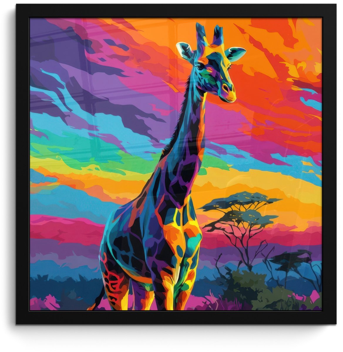 FrameYourWall Poster in lijst - Fotolijst 40x40 cm - Posters - Giraffe - Savanna - Lucht - Gekleurd - Posterlijst zwart - Decoratie - Wanddecoratie woonkamer - Muurdecoratie slaapkamer Giraffe - Kleurrijk