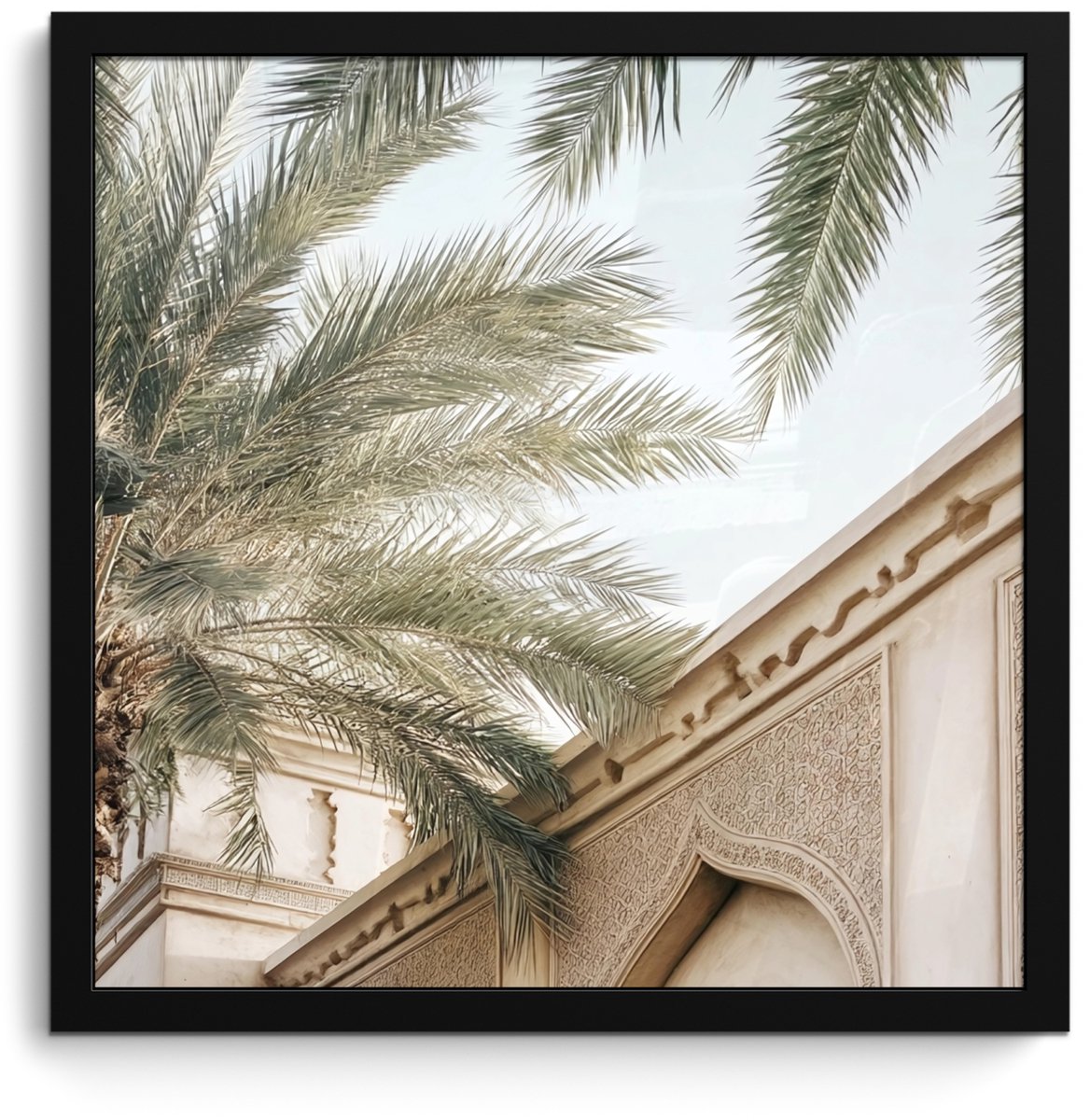 FrameYourWall Poster in lijst - Fotolijst 40x40 cm - Posters - Gebouw - Palmbomen - Beige - Zon - Posterlijst zwart - Decoratie - Wanddecoratie woonkamer - Muurdecoratie slaapkamer