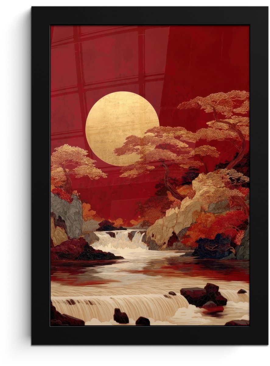FrameYourWall Poster in lijst - Fotolijst 20x30 cm - Posters - Volle maan - Landschap - Waterval - Posterlijst zwart - Decoratie - Wanddecoratie woonkamer - Muurdecoratie slaapkamer