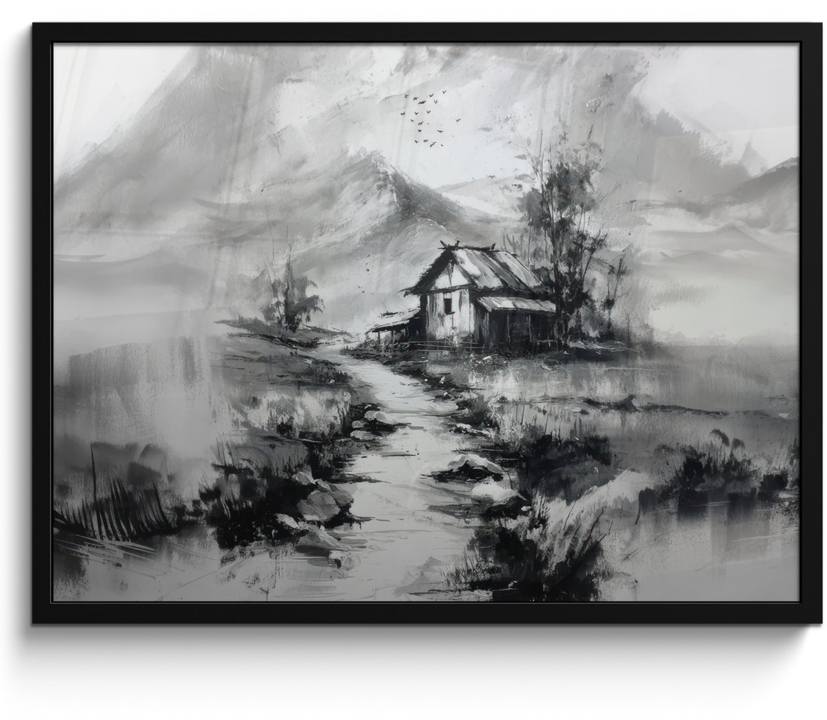 FrameYourWall Poster in lijst - Fotolijst 80x60 cm - Posters - Hut - Grijs - Bergen - Mistig - Posterlijst zwart - Decoratie - Wanddecoratie woonkamer - Muurdecoratie slaapkamer