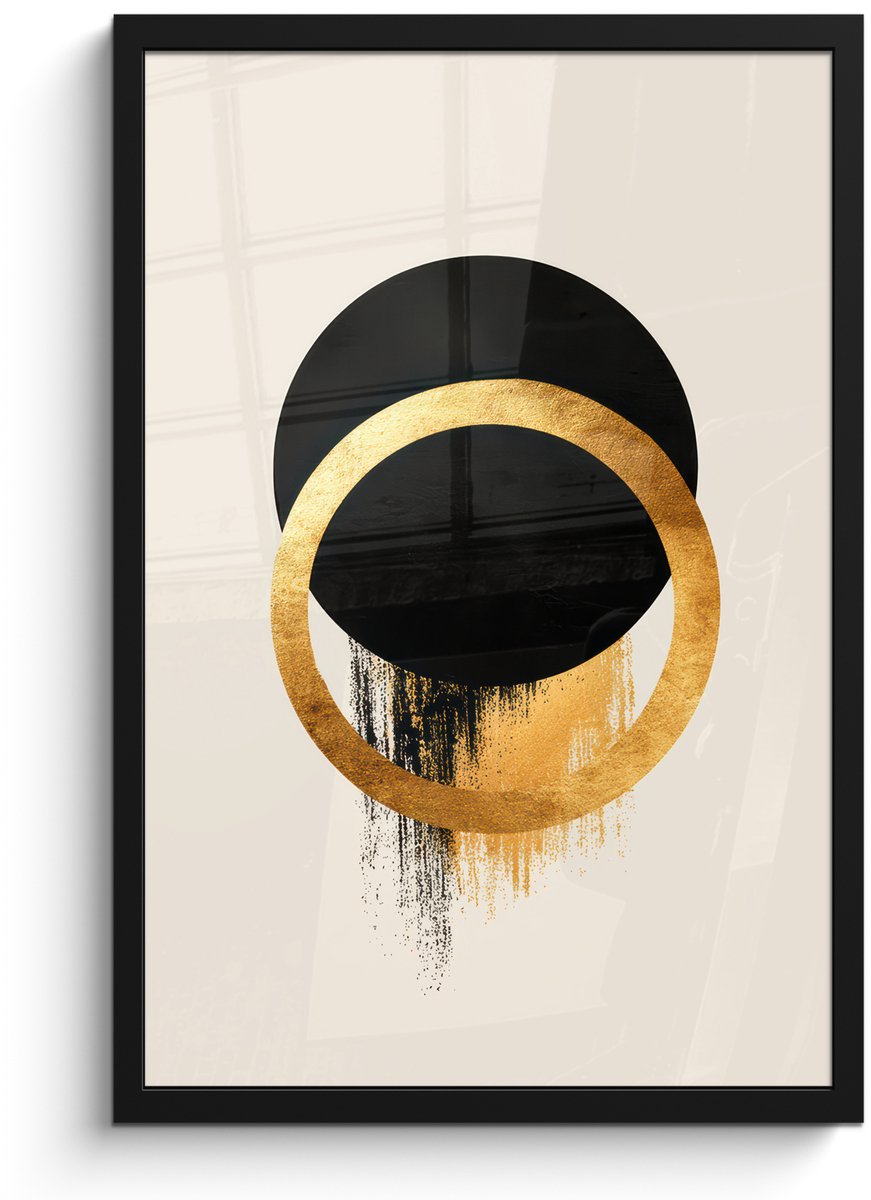 FrameYourWall Poster in lijst - Fotolijst 40x60 cm - Posters - Abstract ontwerp - Zwarte cirkel - Verfvlekken - Posterlijst zwart - Decoratie - Wanddecoratie woonkamer - Muurdecoratie slaapkamer Cirkels - Verfvlekken