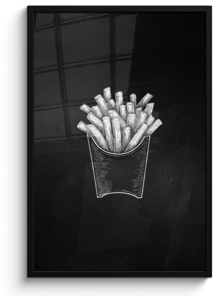 FrameYourWall Poster in lijst - Fotolijst 60x90 cm - Posters - Friet - Witte krijttekening - Zwart - Posterlijst zwart - Decoratie - Wanddecoratie woonkamer - Muurdecoratie slaapkamer